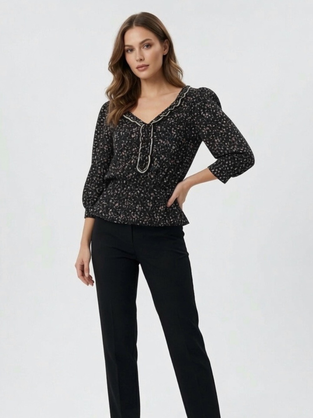 Max Studio Floral Puff Sleeve Peplum Blouse, Size M black floral ruffle neckline